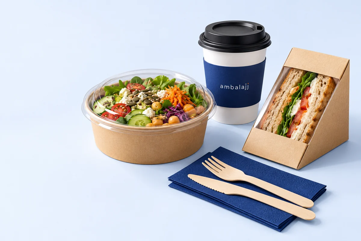 Kraft salata kasesi, kapaklı kahve bardağı, sandviç kutusu ve lacivert peçete üzerinde ahşap çatal bıçak.