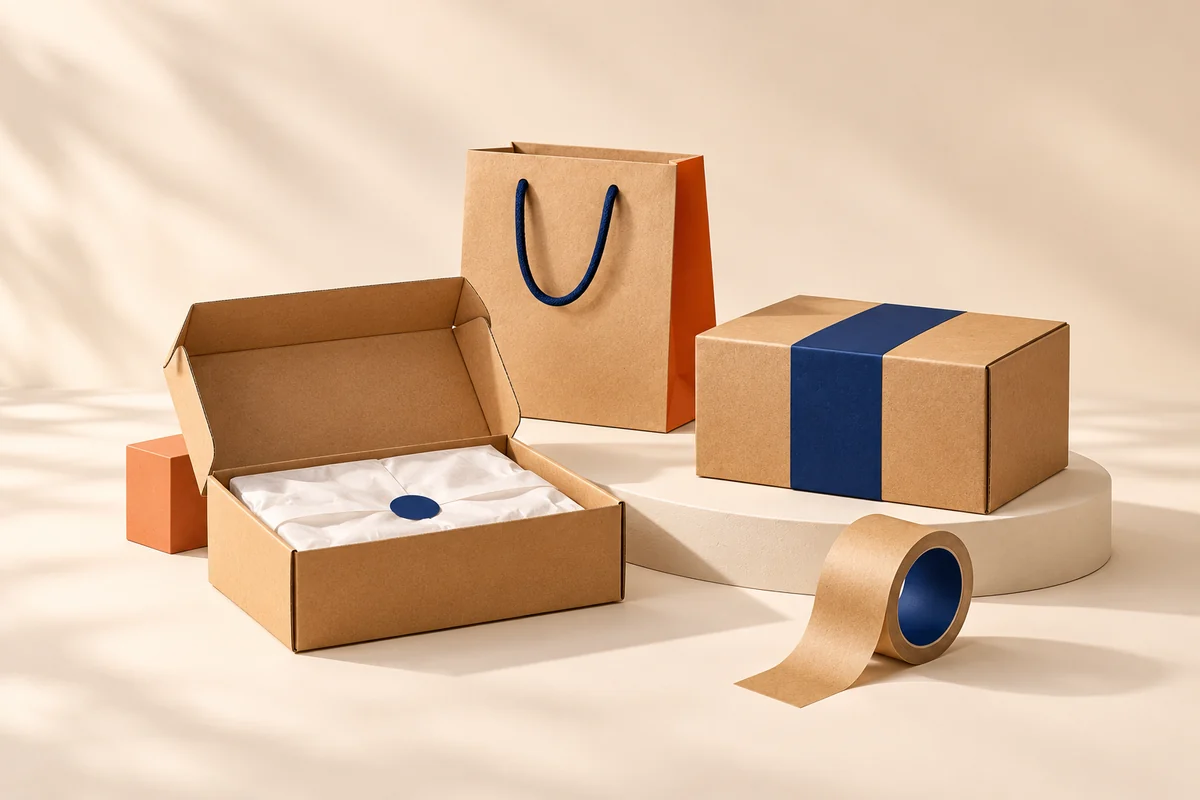 Kraft çanta, lacivert bantlı koli, açık posta kutusu ve kâğıt banttan oluşan paketleme düzenlemesi.
