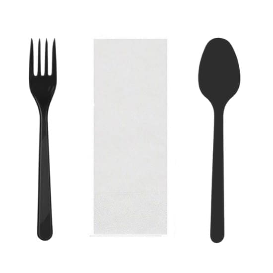 100 Adet Tekli Ambalajlı Siyah Plastik Lüks Kullan At Kaşık, Çatal, Peçete, 3 Lü Yemek Seti