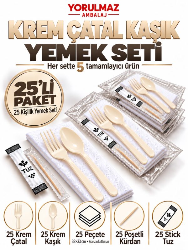 Krem Çatal Kaşık Yemek Seti 25 Kişilik – 33×33 cm Garson Katlı Peçete, Poşetli Kürdan ve Stick Tuz