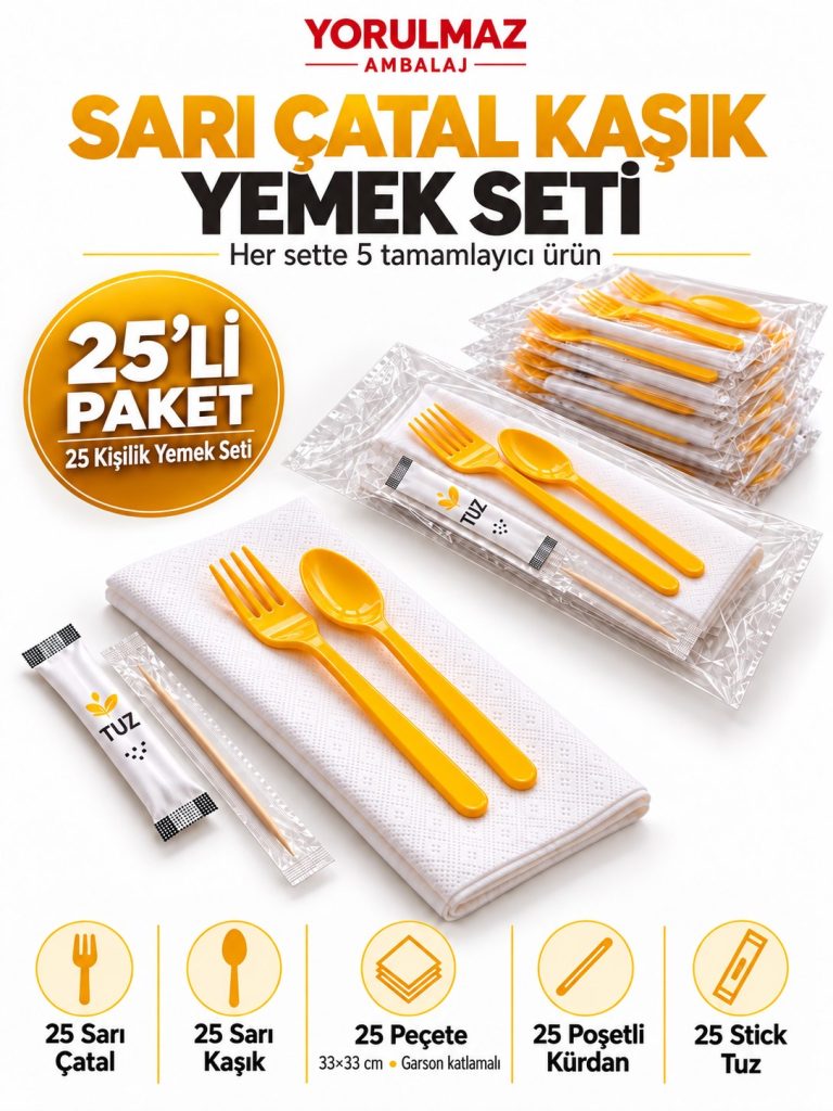 Sarı Çatal Kaşık Yemek Seti 25 Kişilik 33×33 Cm Garson Katlama Peçete, Poşetli Kürdan Ve Stick Tuz