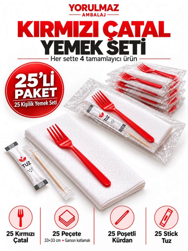 Kırmızı Çatal Yemek Seti 25 Kişilik – 33×33 cm Garson Katlamalı Peçete, Poşetli Kürdan ve Stick Tuz