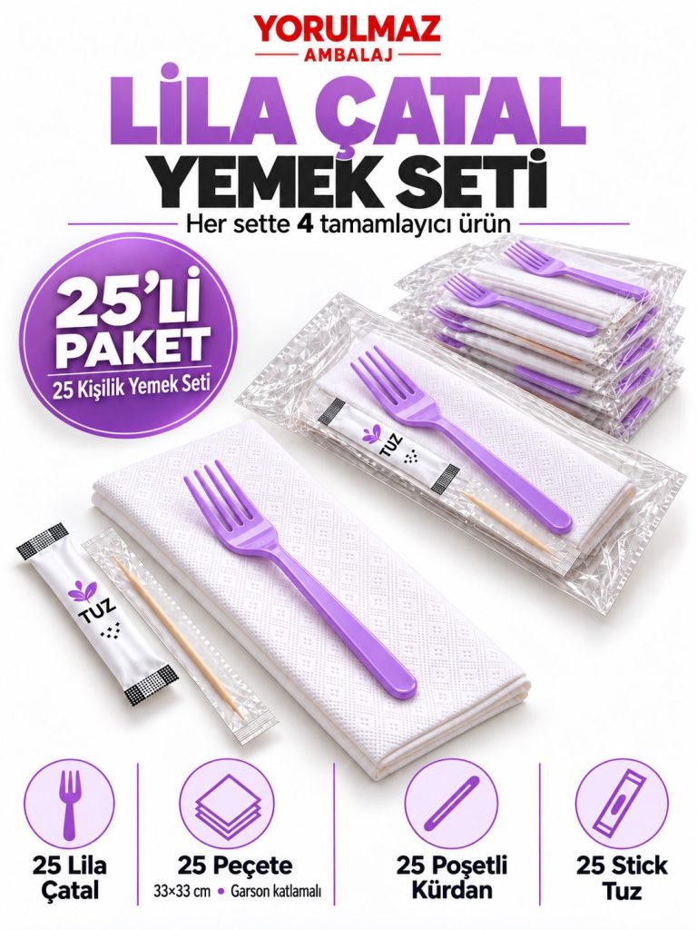 Lila Çatal Yemek Seti 25 Kişilik – 33×33 cm Garson Katlamalı Peçete, Poşetli Kürdan ve Stick Tuz