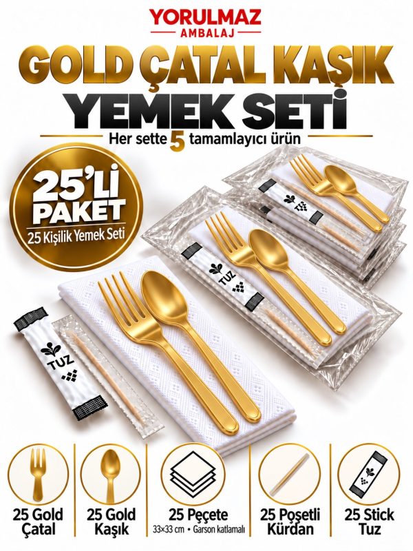 Gold Çatal Kaşık Yemek Seti 25 Kişilik – 33×33 cm Garson Katlı Peçete, Poşetli Kürdan ve Stick Tuz