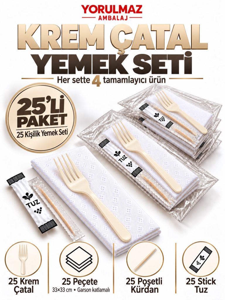 Krem Çatal Yemek Seti 25 Kişilik – 33×33 cm Garson Katlamalı Peçete, Poşetli Kürdan ve Stick Tuz