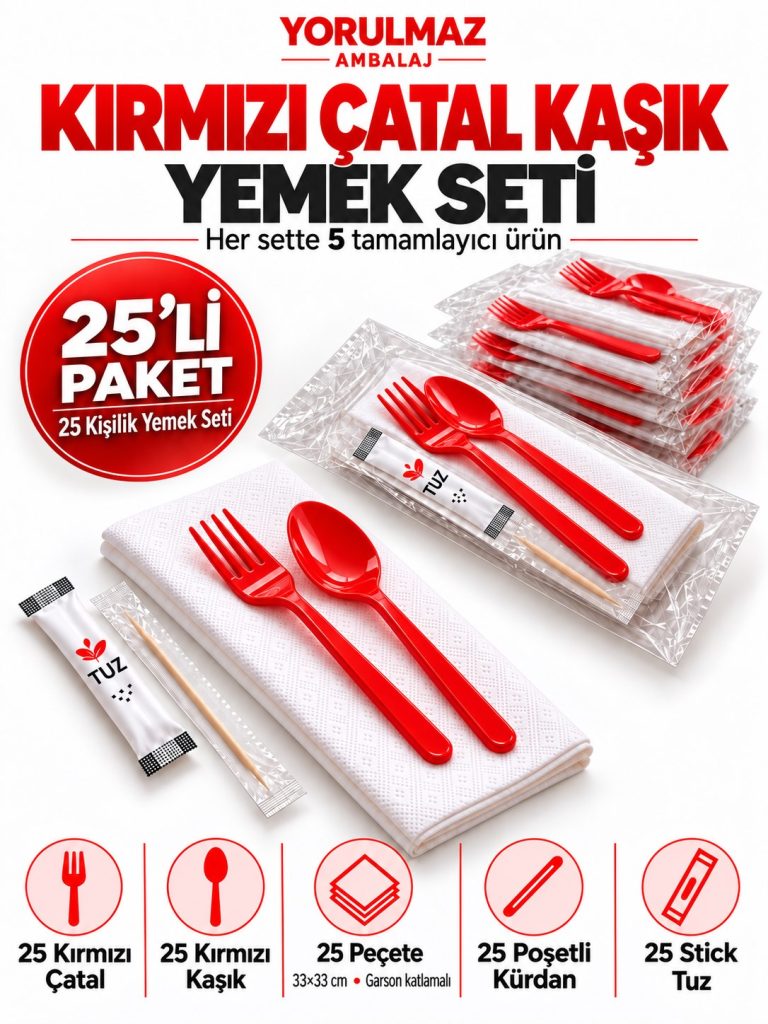 Kırmızı Çatal Kaşık Yemek Seti 25 Kişilik 33×33 cm Garson Katlı Peçete, Poşetli Kürdan ve Stick Tuz