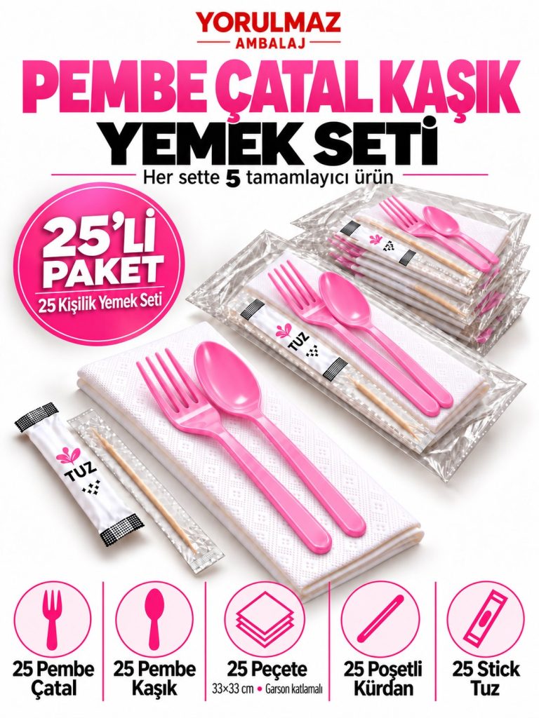 Pembe Çatal Kaşık Yemek Seti 25 Kişilik – 33×33 Cm Garson Katlı Peçete, Poşetli Kürdan Ve Stick Tuz