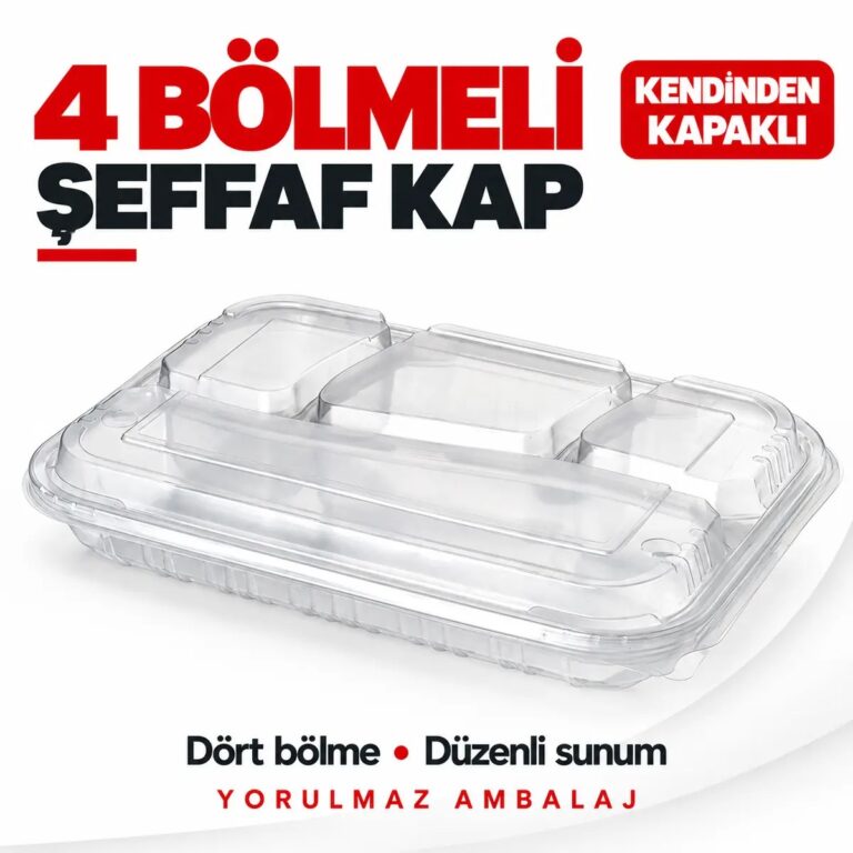 4 Bölmeli Kendinden Kapaklı Şeffaf Kap
