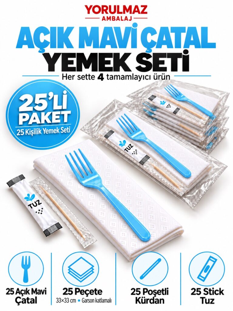 Açık Mavi Çatal Yemek Seti 25 Kişilik – 33×33 cm Garson Katlı Peçete, Poşetli Kürdan ve Stick Tuz