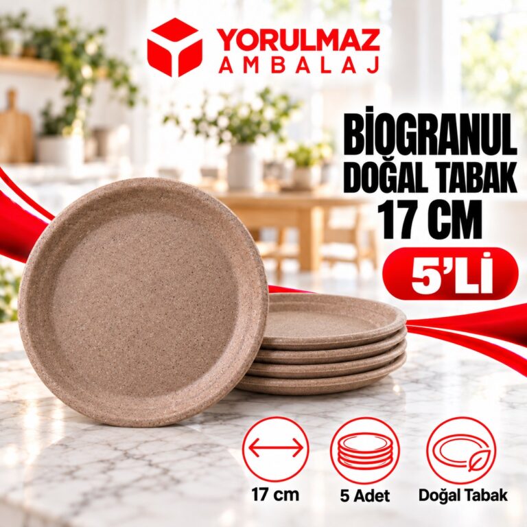Biogranül Doğal Tabak 17 Cm 5'li | %100 Bitkisel, Plastik İçermez, Doğada Çözünür
