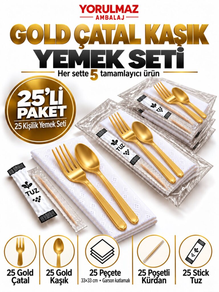 Gold Çatal Kaşık Yemek Seti 25 Kişilik – 33×33 cm Garson Katlı Peçete, Poşetli Kürdan ve Stick Tuz