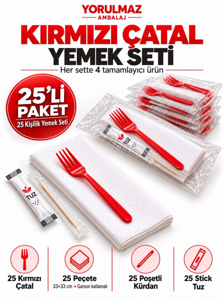 Kırmızı Çatal Yemek Seti 25 Kişilik – 33×33 cm Garson Katlamalı Peçete, Poşetli Kürdan ve Stick Tuz