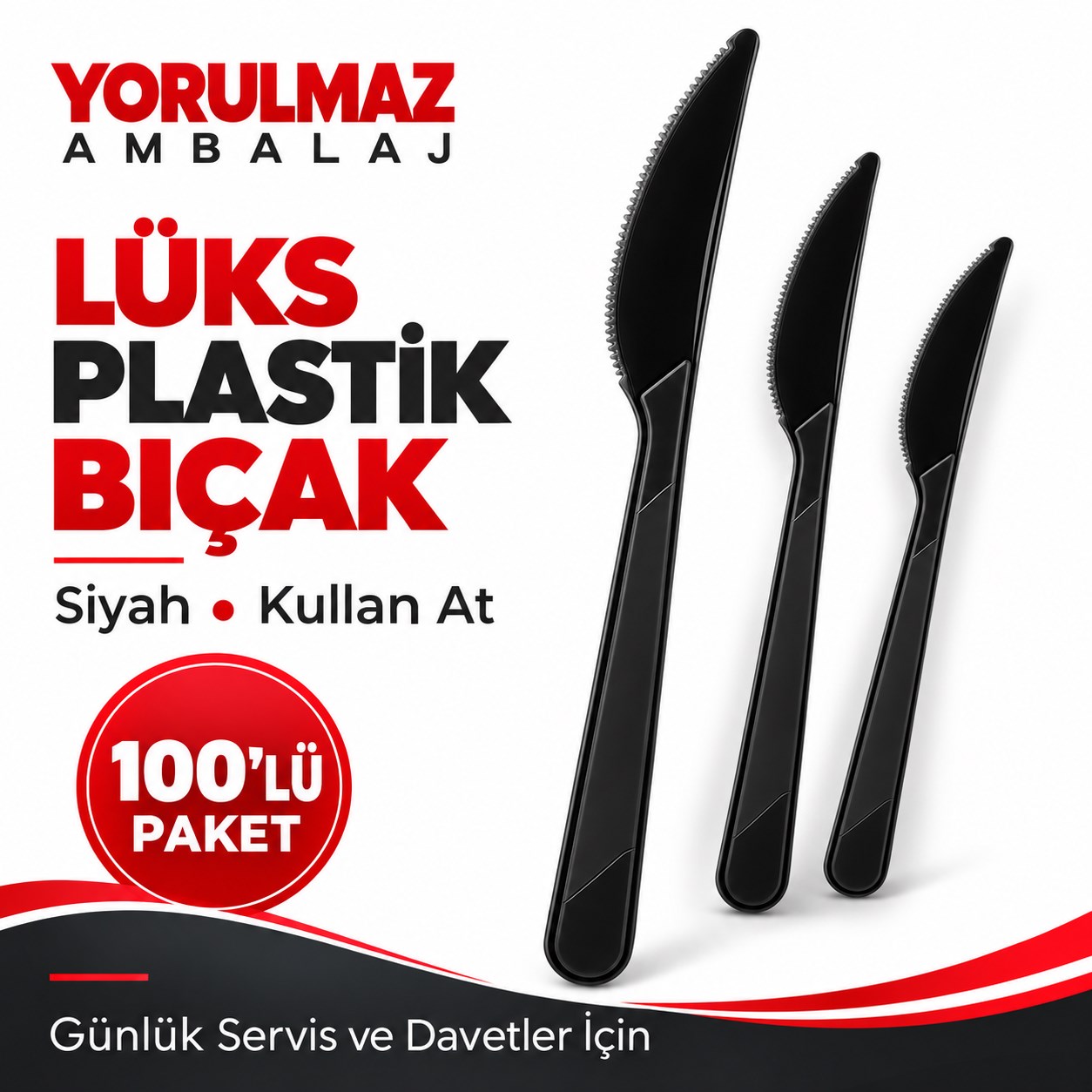 Lüks Plastik Bıçak Siyah 100'Lü