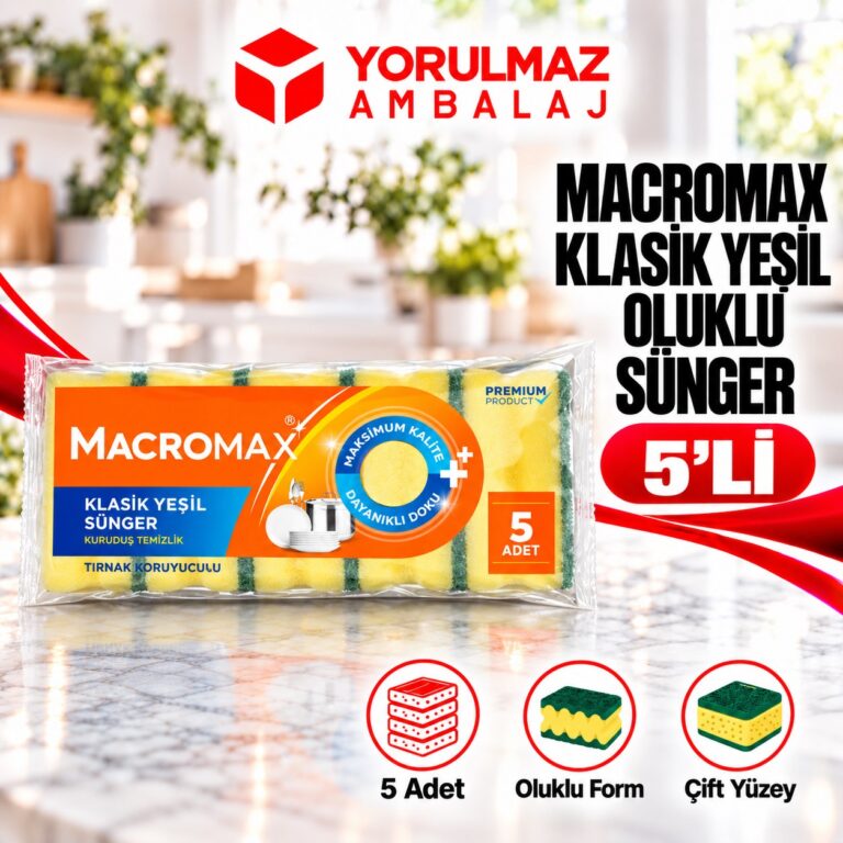 Macromax Klasik Yeşil Oluklu Sünger 5'li | Güçlü Ovma Ve Bol Köpük