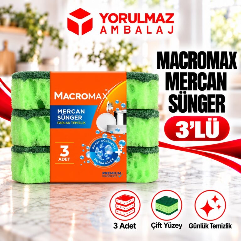 Macromax Mercan Sünger 3'lü | Büyük Gözenekli, Bol Köpüklü Bulaşık Süngeri