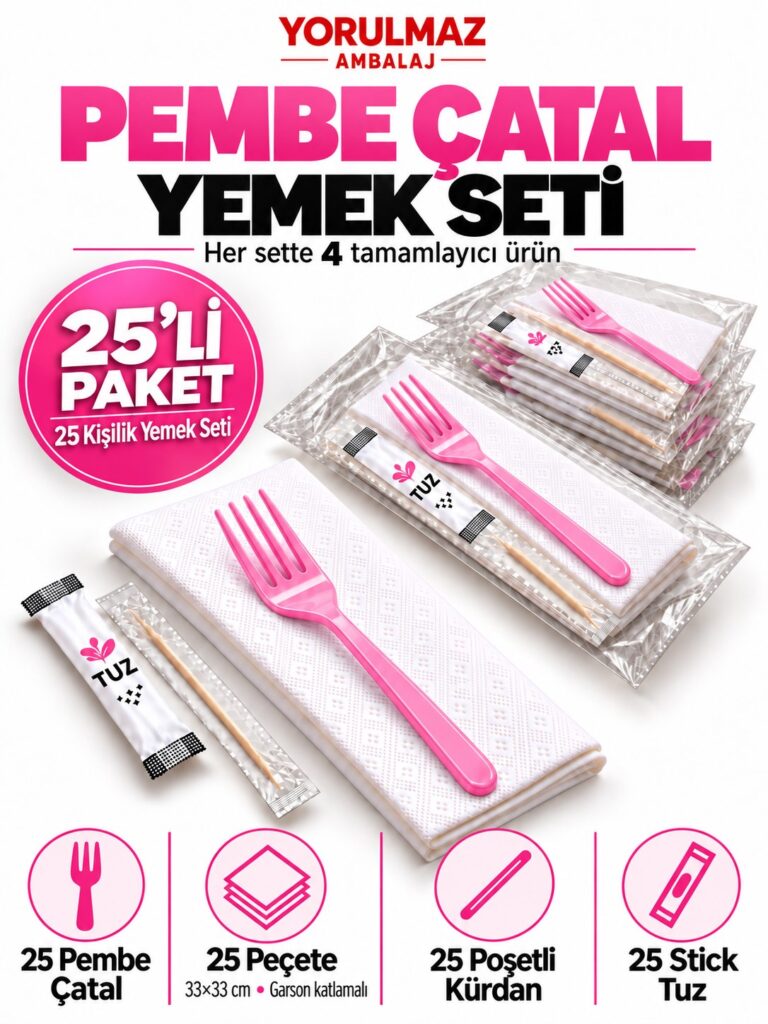 Pembe Çatal Yemek Seti 25 Kişilik – 33×33 cm Garson Katlamalı Peçete, Poşetli Kürdan ve Stick Tuz