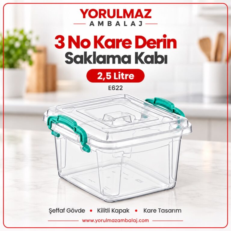 Poly Time 3 No Kare Derin Saklama Kabı 2.5 Lt E622 | Şeffaf Ve Pratik Gıda Saklama Kutusu