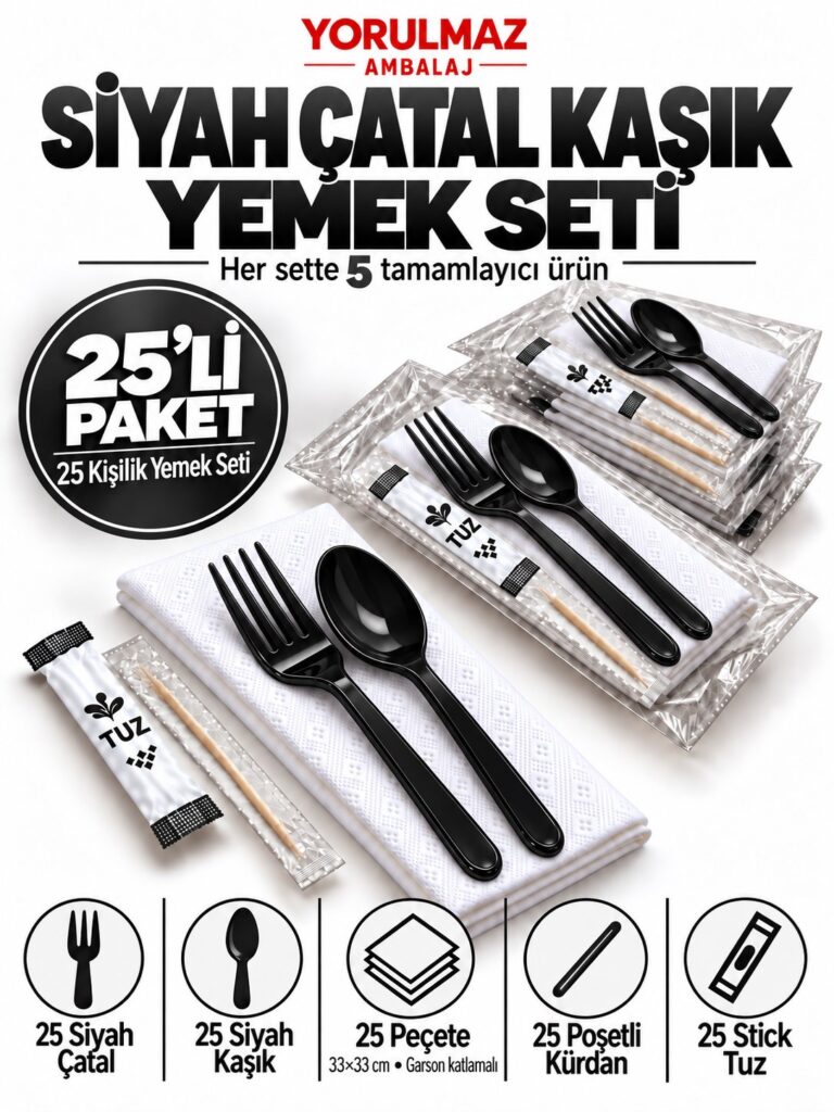 Siyah Çatal Kaşık Yemek Seti 25 Kişilik – 33×33 cm Garson Katlı Peçete, Poşetli Kürdan ve Stick Tuz