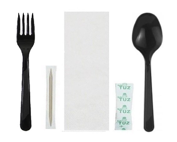 Tekli Ambalajlı Siyah Plastik Lüks Kullan At Kaşık, Çatal, Peçete, Kürdan, Tuz 6 Lı Yemek Seti - Görsel 2