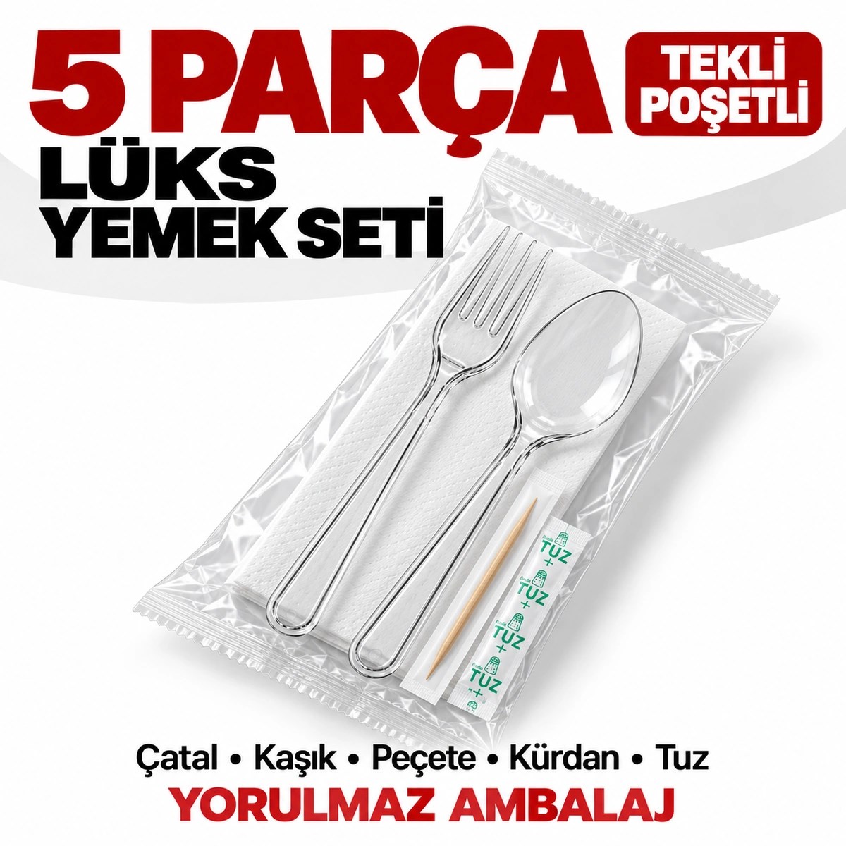 Tekli Poşetli 5 Parça Kullan At Yemek Seti – Şeffaf Plastik Çatal, Kaşık, Peçete, Kürdan ve Tuz