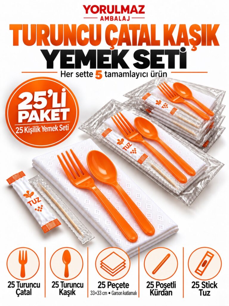 Turuncu Çatal Kaşık Yemek Seti 25 Kişilik 33×33 cm Garson Katlı Peçete, Poşetli Kürdan ve Stick Tuz