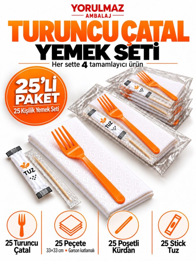Turuncu Çatal Yemek Seti 25 Kişilik – 33×33 cm Garson Katlamalı Peçete, Poşetli Kürdan ve Stick Tuz