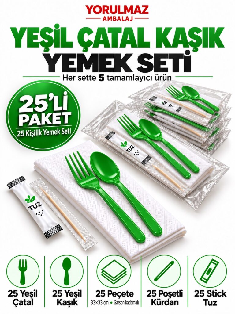 Yeşil Çatal Kaşık Yemek Seti 25 Kişilik – 33×33 Cm Garson Katlı Peçete, Poşetli Kürdan Ve Stick Tuz